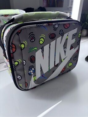 Nike Gray Lunch Bag with Neon Multicolor Sports Ball Print